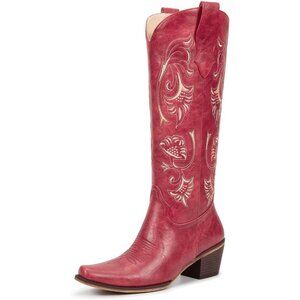 Women Mattered Zipper Boots with Floral Embroidered Pointed Toe Chunky Heel